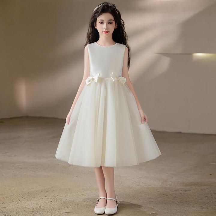 巴拉童年女童主持人礼服花童高级白色缎面钢琴演奏小女孩生日part