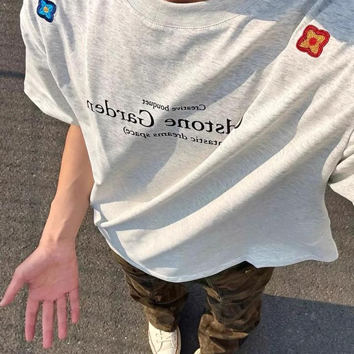 纯棉美式潮牌印花短袖夏季新款字母花朵T恤高街潮流重磅半袖上衣