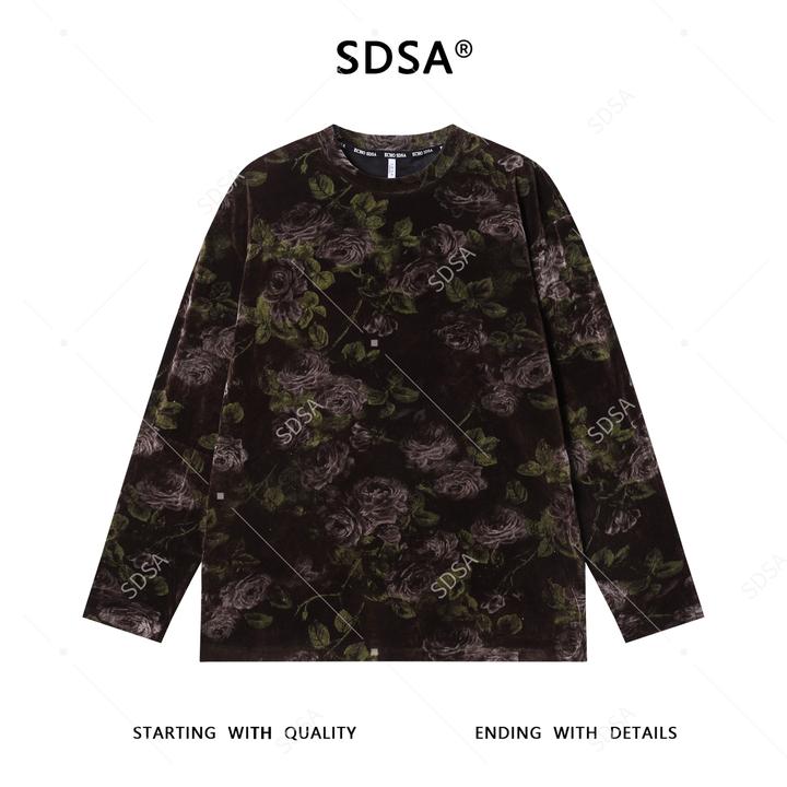 SDSA男士秋冬新款痞帅男装复古植绒玫瑰印花圆领长袖T恤宽松上衣
