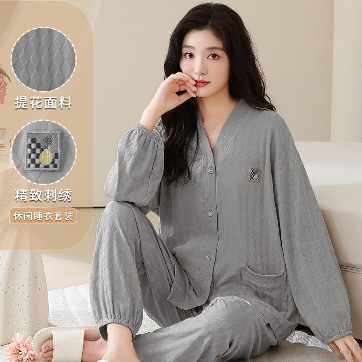 提花棉睡衣女春秋季长袖开衫两件套装大码宽松妈妈家居服可外穿