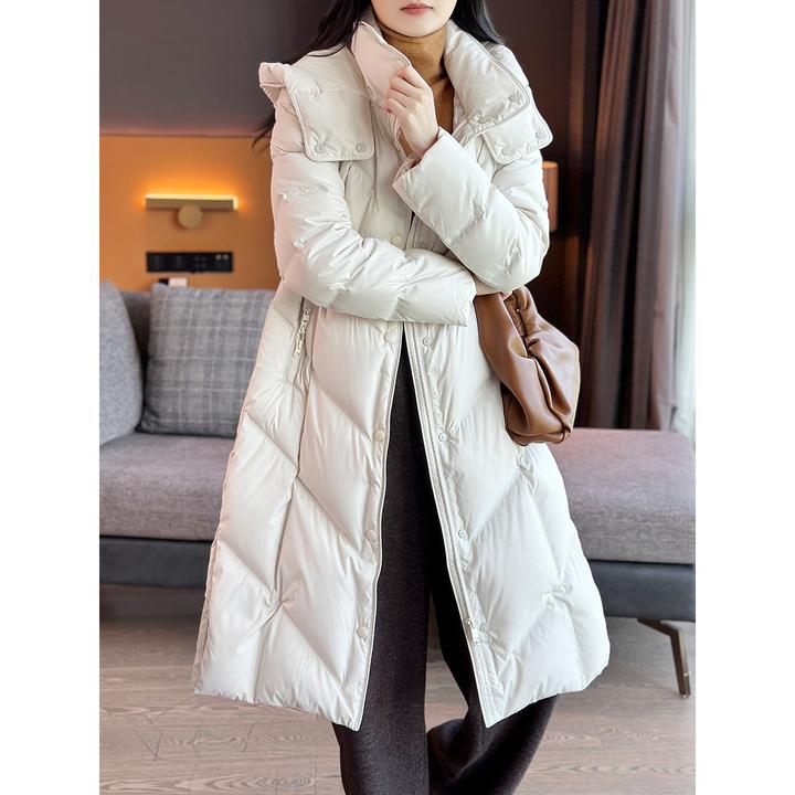 左左家 P簰高充绒量~防寒保暖加厚90白鹅绒中长款连帽羽绒服外套