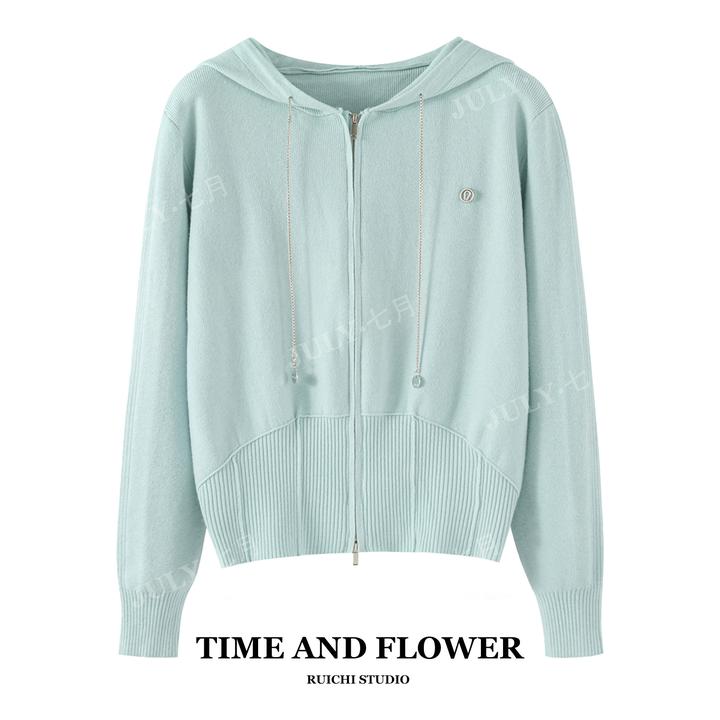 2025秋季新款韩系休闲风字母小标拉链连帽针织开衫慵懒松弛感上衣