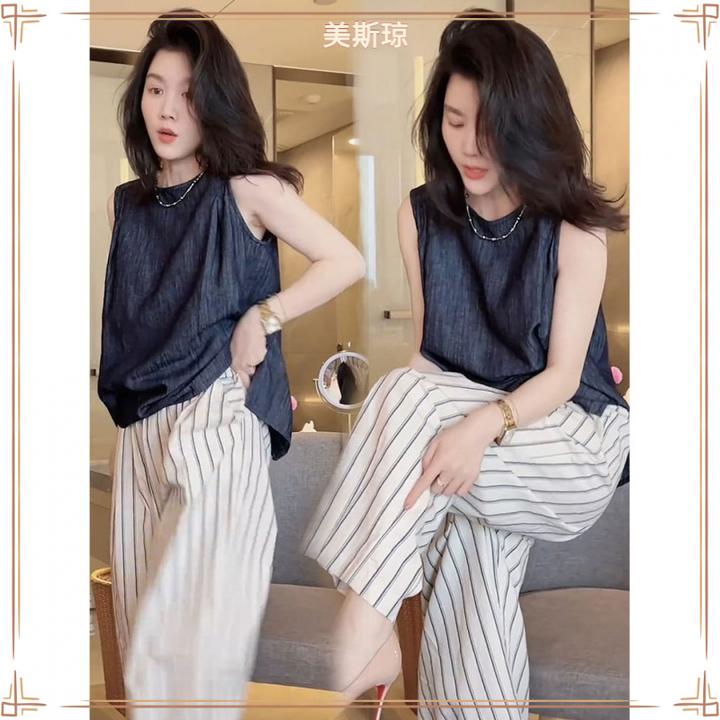 III2025夏季时尚无袖背心上衣竖条纹阔腿裤盐系轻熟两件套装女潮I