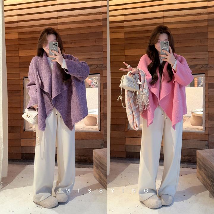 应小姐【秀珠小姐】微胖大码冬季绵羊毛+羊驼毛+桑蚕丝双面呢短大衣