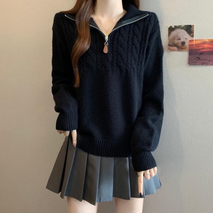 大码女装领翻领正肩长袖套头毛衣秋冬新款胖mm宽松遮肚针织衫上衣