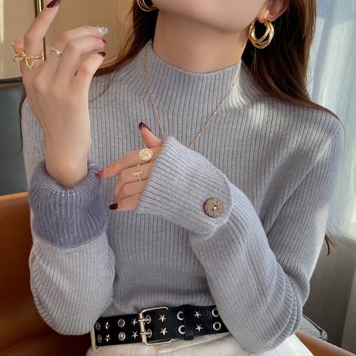 灰色加绒加厚半高领打底衫女装2024秋冬新款毛衣内搭针织保暖上衣