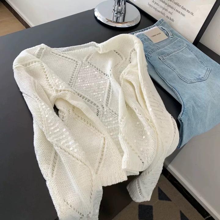 2025早秋新款菱格镂空针织长袖显瘦气质亮片设计洋气减龄上衣女