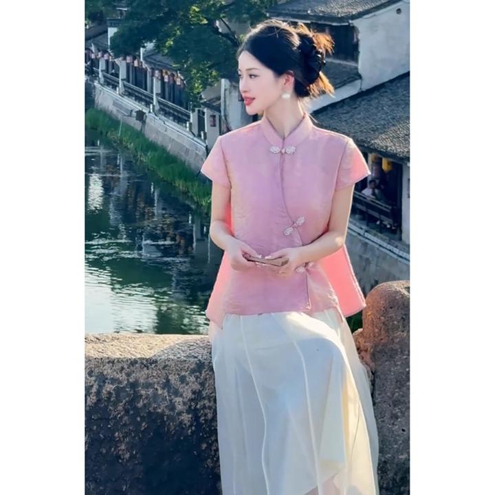 新中式国风套装名媛气质女神范高级感大方得体粉色衬衫连衣裙夏季
