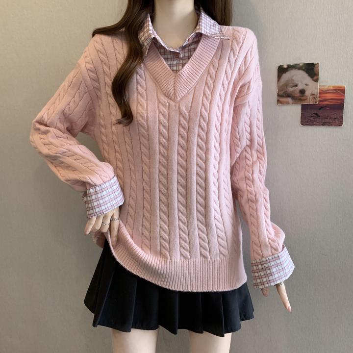 大码韩系粉色假两件毛衣秋冬polo领衬衫拼接内搭针织衫上衣新款