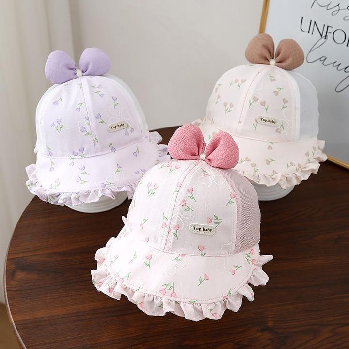 婴儿帽子夏季薄款防晒透气公主风渔夫帽女宝宝鸭舌帽蝴蝶结遮阳帽