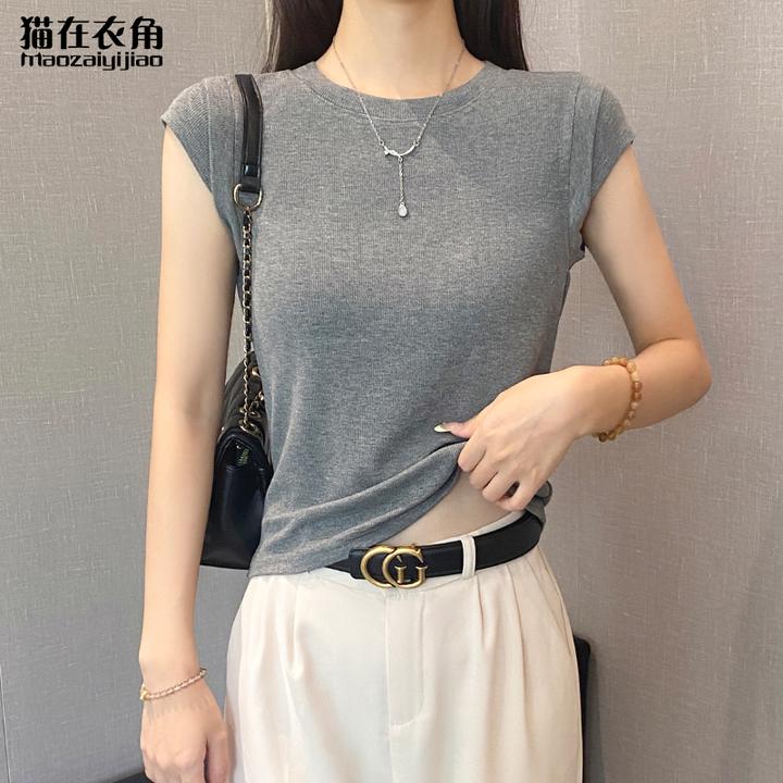 猫在衣角螺纹圆领短袖t恤女夏季修身打底衫百搭显瘦飞飞袖上衣潮