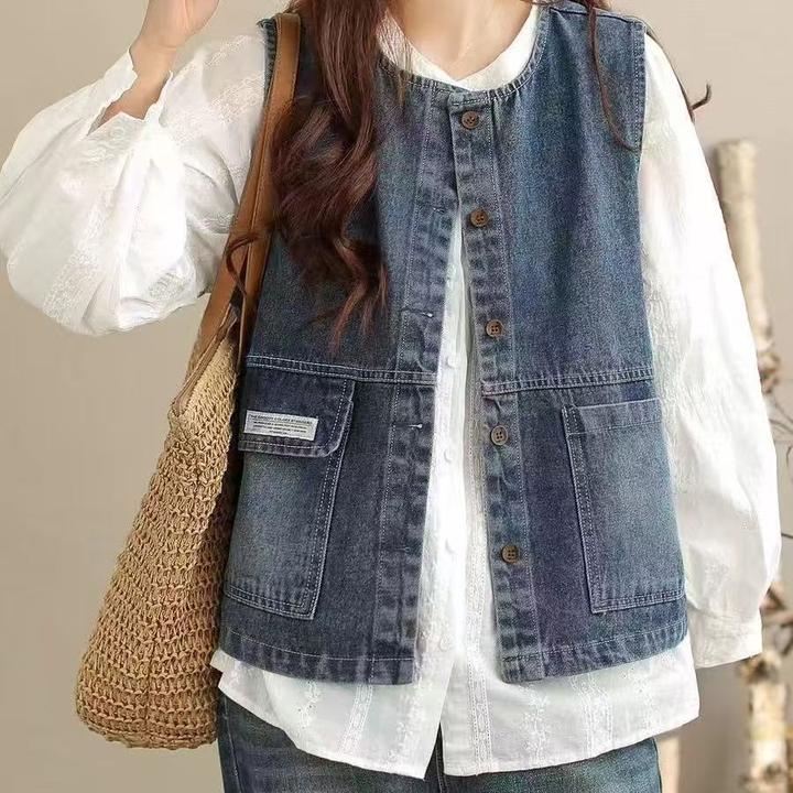 春秋2025新款圆领复古宽松工装牛仔百搭马甲背心坎肩外套上衣新款