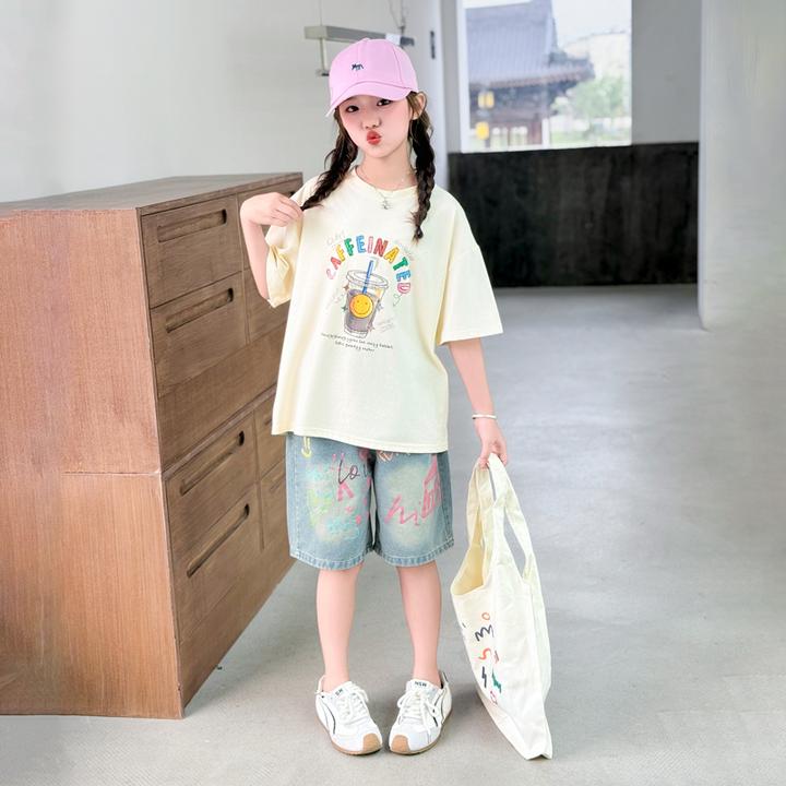 女童夏装套装2025新款儿童洋气女大童卡通短袖T恤牛仔短裤两件套t