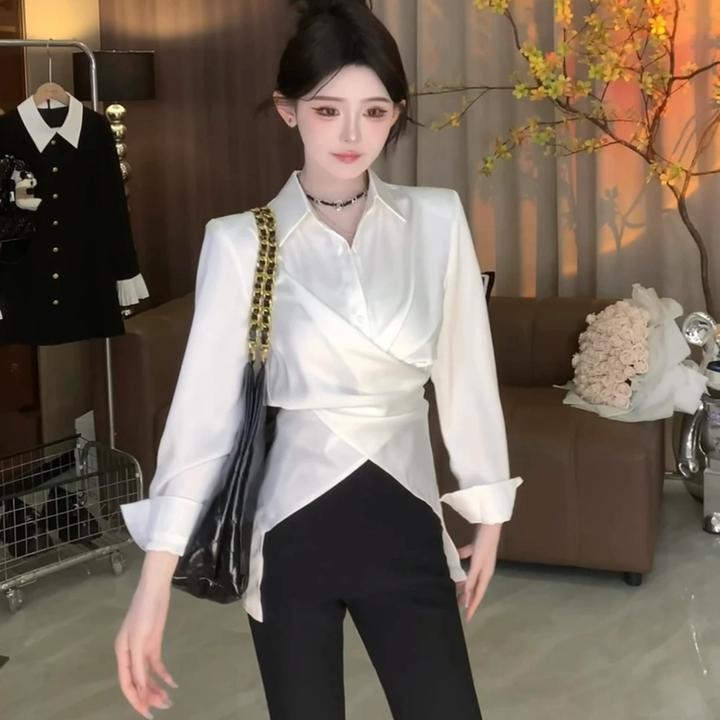 「银色山泉」高智淡人褶皱收腰气质长袖衬衫女春法式高级感时尚上衣