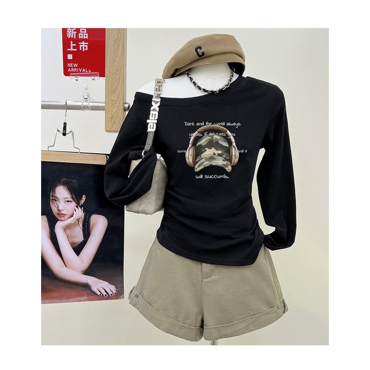 春秋季新款纯欲风修身显瘦洋气上衣ins设计感美式辣妹露肩长袖t恤