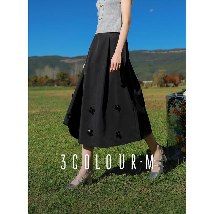 三彩2025春季新款赫本风半身裙钉珠花朵伞裙A字裙长裙优雅M