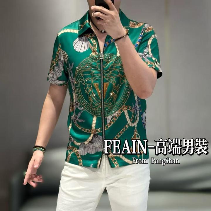 高端定制进口丝柔贡缎巴洛克海底世界双开拉链短袖夹克733