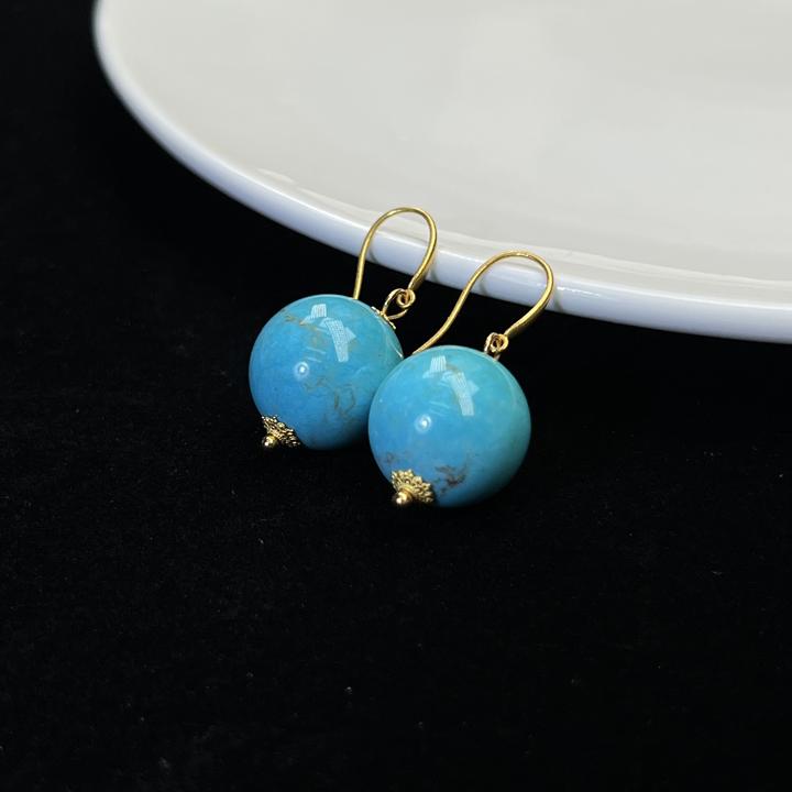 【珺笙·周年专享】典藏•原矿蓝精灵绿松石18K金圆珠耳钩15mm