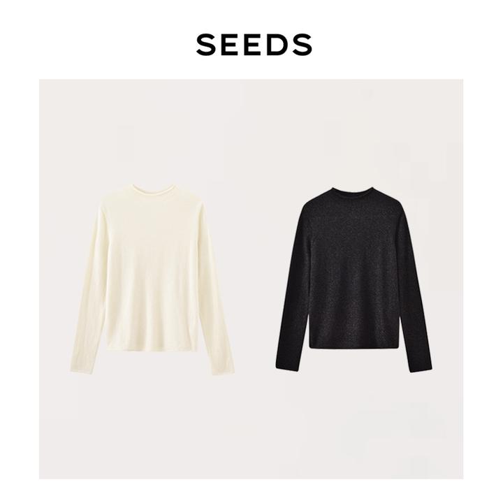 【金丝羊绒】SEEDS 康赛妮山羊绒轻奢无缝一体卷边立领长袖针织衫