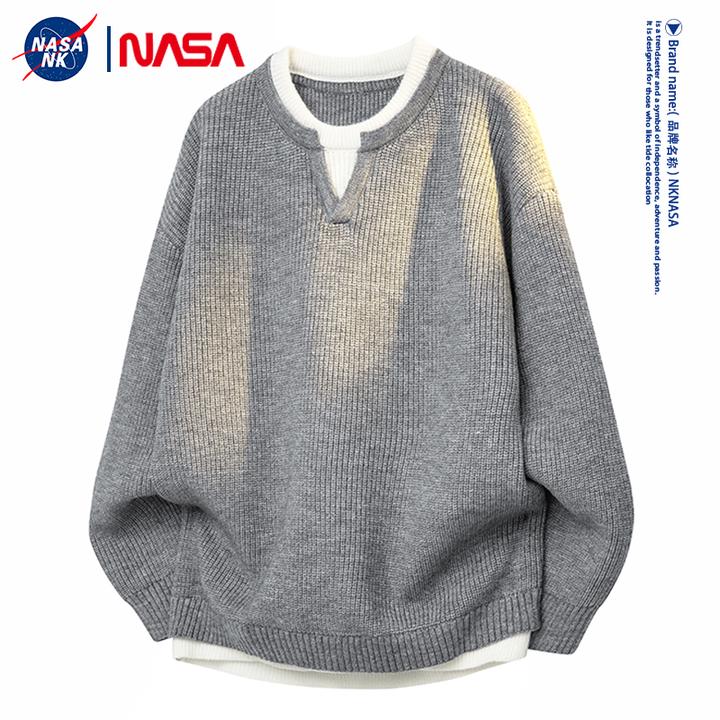 NASA联名2025新款休闲灰色毛衣男女同款假两件针织衫秋冬季上衣服