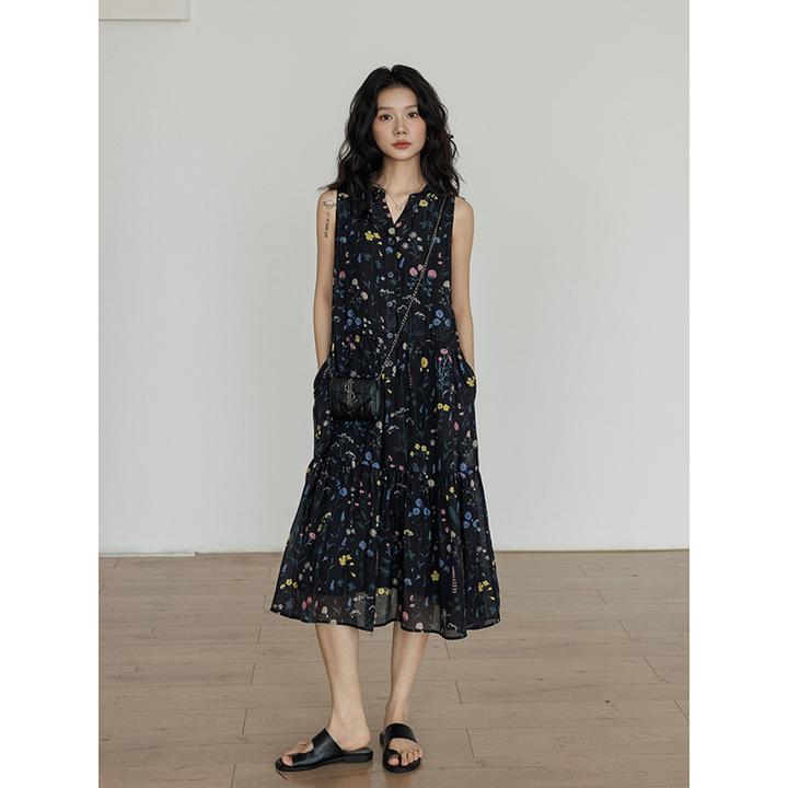 vastand维尚 黑色设计感碎花裙气质连衣裙法式显瘦夏季小众高级感