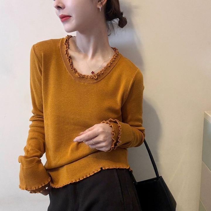 高级感U领木耳边针织打底衫女【80-180斤】秋冬季气质洋气修身上衣