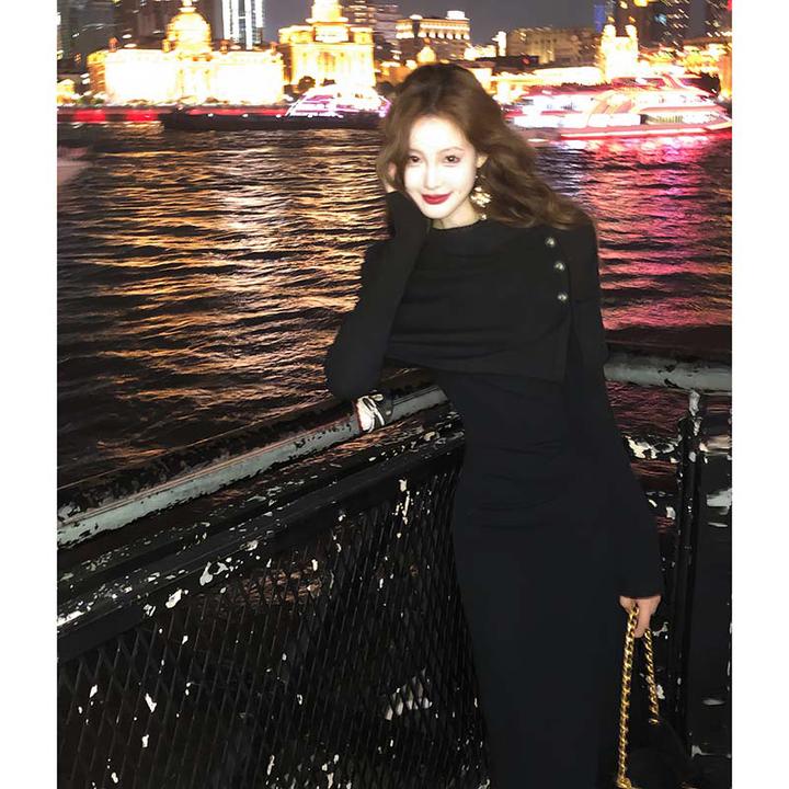 优雅气质假两件连衣裙收腰显瘦温柔长裙D4369