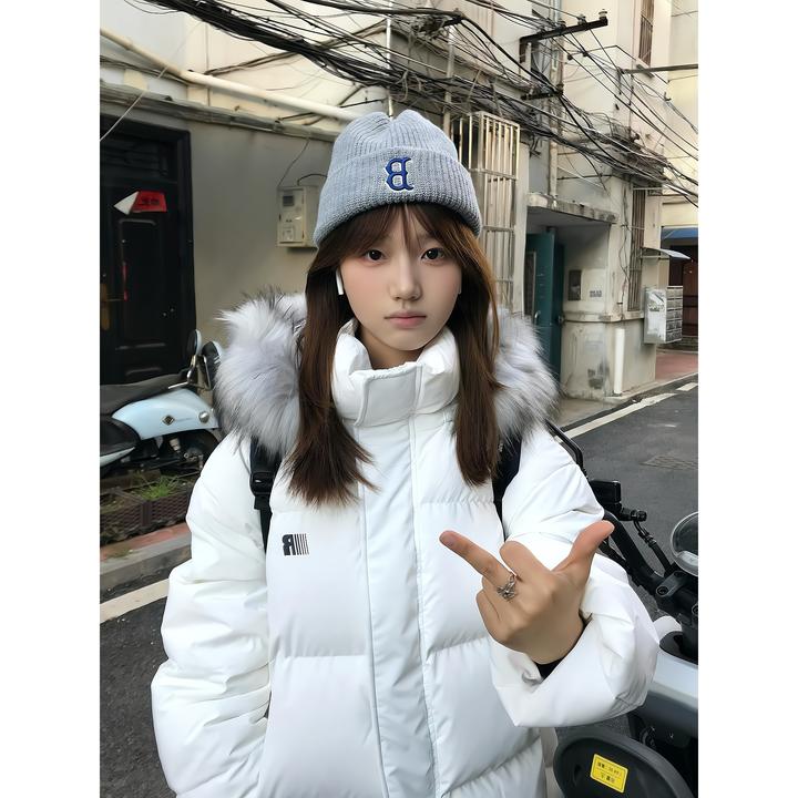 韩系复古学院风舒适毛领连帽棉服女秋冬加厚保暖棉衣外套