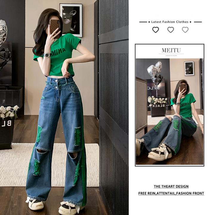 夏季穿搭一整套女装2025新款时尚正肩短袖T恤高腰牛仔裤两件套女