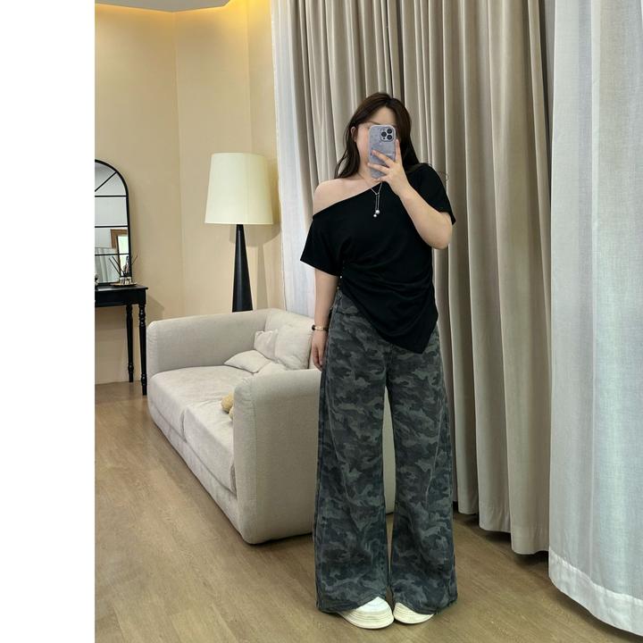 【火火】6707秋季大码迷彩高腰阔腿牛仔裤女宽松新款高端直筒裤子女