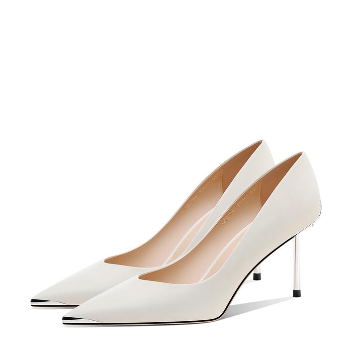 HOOV设计师款金属头高跟鞋女细跟2025新款白色真皮单鞋百搭通勤