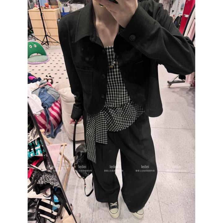 晶咕【时髦优等生】绑带格纹吊带背心+下摆弧形翻领外套+高腰阔腿裤