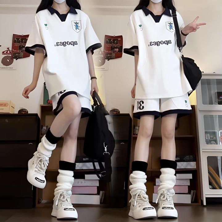 夏季学院风polo领短袖短裤休闲两件套装女初高中学生宽松运动衣服
