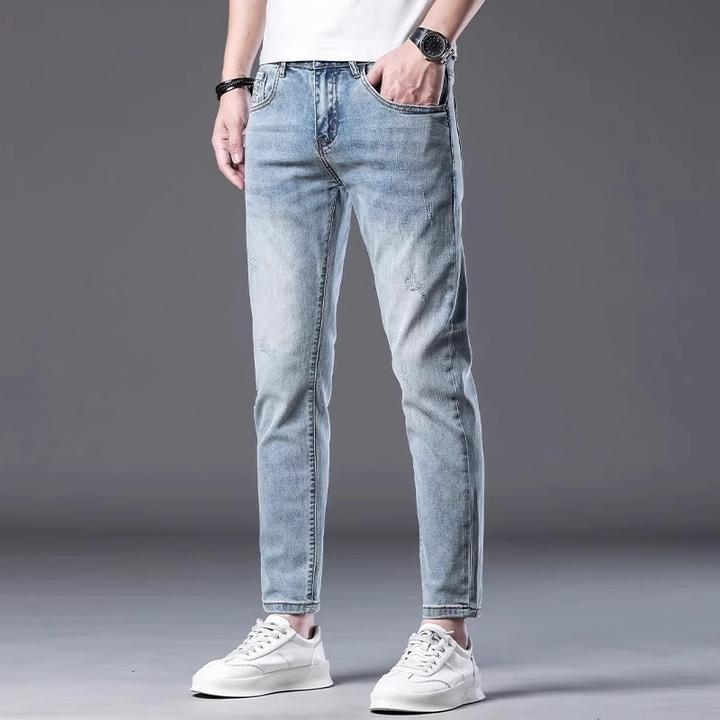 夏季薄款浅蓝牛仔裤男2025新款潮流做旧弹力修身小脚小个子九分裤