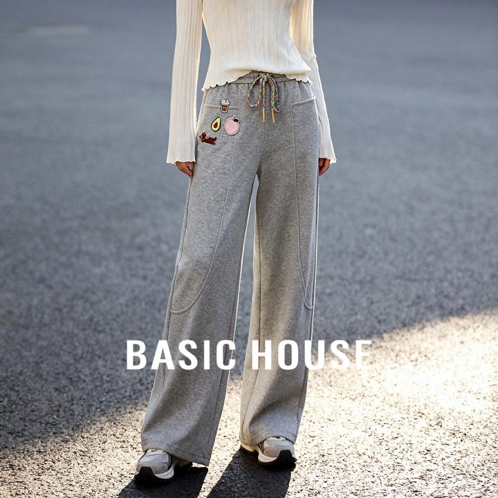 Basic House/百家好气质慵懒灰色直筒运动卫裤高腰阔腿裤女2025秋