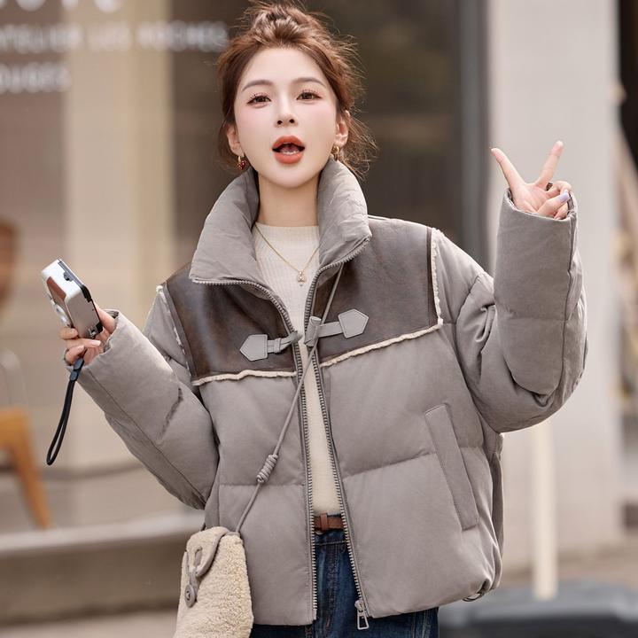 复古拼接立领短款羽绒服女装冬季小个子牛角扣加厚白鸭绒保暖外套