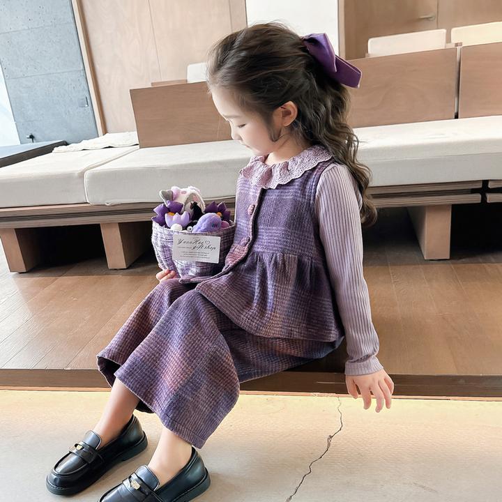 女童小香风套装春秋款洋气童装女宝宝时髦韩范儿童春装格子三件套