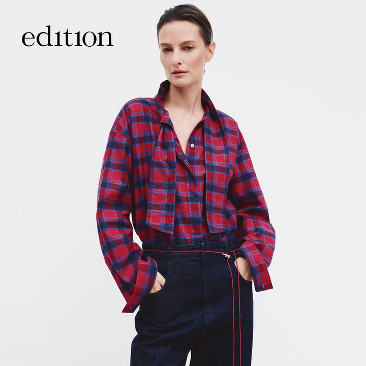 【高圆圆同款】edition2026春季新款飘带领结格子衬衫#EBF1SHT017