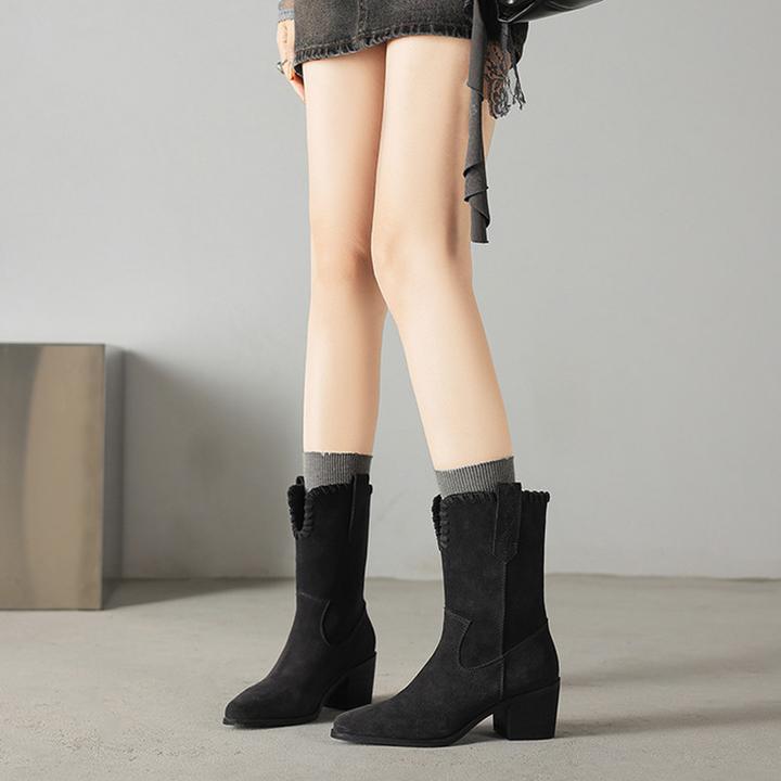 粗跟V口小短靴女鞋2025新款春秋单靴尖头骑英伦风复古粗显瘦粗跟