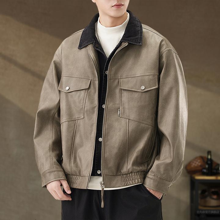 美式高端复古假两件PU皮衣外套男秋冬新款机车痞帅翻领皮夹克男装