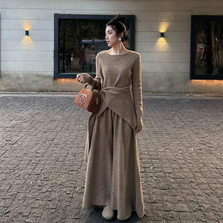 韩系设计感不规则针织衫阔腿裤两件套2025新款秋冬慵懒气质套装女