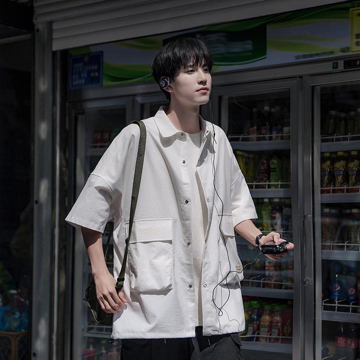 工装衬衫男短袖夏季新款潮牌痞帅五分袖衬衣宽松学生日系复古外套