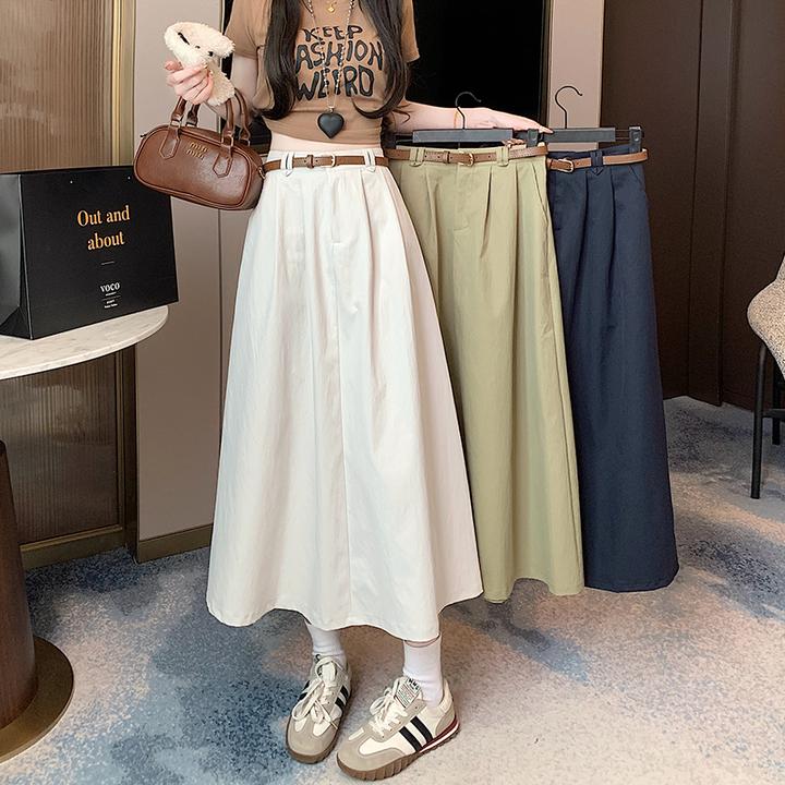 杏色洗水棉工装半身裙女春夏高腰显瘦遮胯中长款a字梨形大摆伞裙
