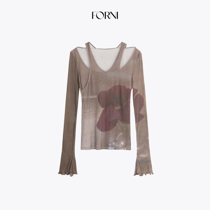 FORNI 虞美人 高定女人味不规则假两件双层网纱印花长袖T恤