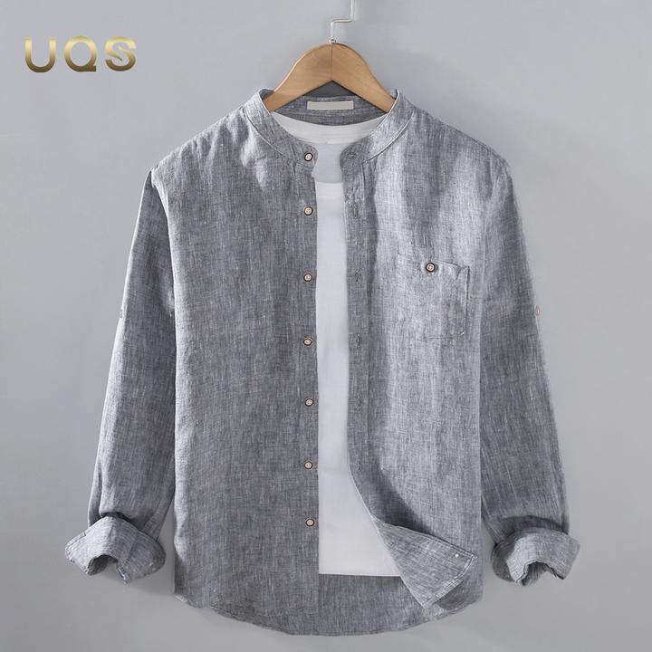 纯亚麻高端男士立领长袖衬衫秋季新款大码宽松舒适亲肤纯色简约款