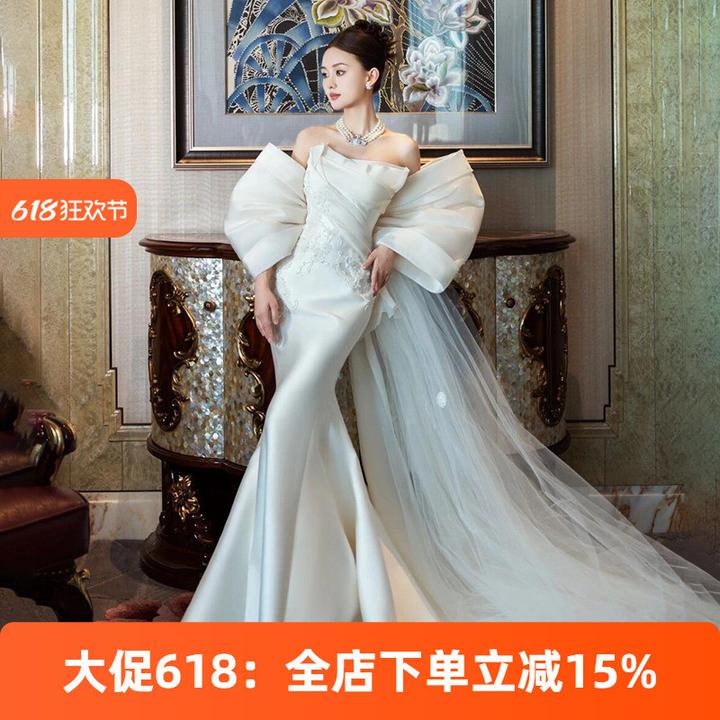 德国法式缎面主婚纱新娘订婚名媛鱼尾超仙礼服一字肩高级感迎宾出