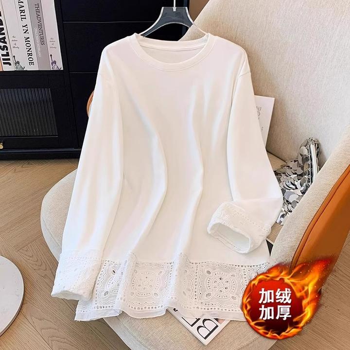 芯娇晴白色中长款加绒蕾丝打底衫女春秋内搭上衣配鲨鱼裤加厚T恤