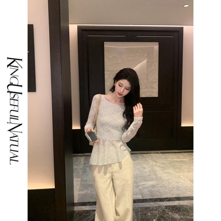 KUN【春眷】灵动波浪弹力蕾丝不规则下摆工艺气质欧若风春款上衣女