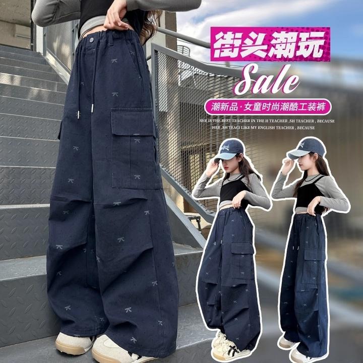 女童工装裤春秋新款2025大童韩版直筒长裤儿童秋装时髦印花阔腿裤