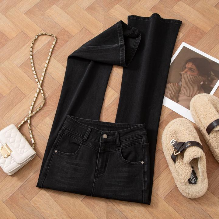 【古早千金】加绒黑灰色四面弹牛仔裤女高腰修身显瘦提臀喇叭裤1157